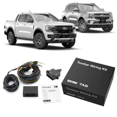 Brink TAG Wiring Kit - a wiring kit designed for Ford Everest 07/2015-on and Ford Ranger 01/2011-on, with multiple wiring connectors and a black box ECU