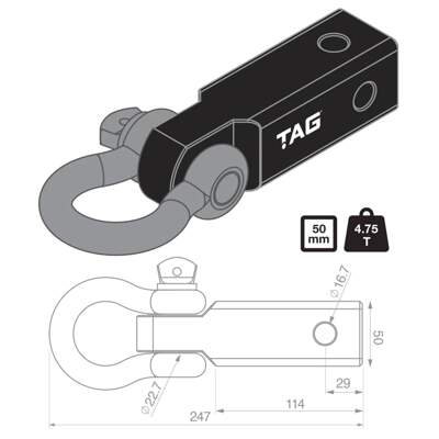 TAG Recovery Hitch Fixed Bow Shackle 4.75T with schematics