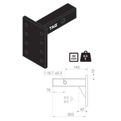 TAG Adjustable Pintle Mount 50mm Square Hitch 4.5T - Heavy-duty towing solution from TAG with product dimensions